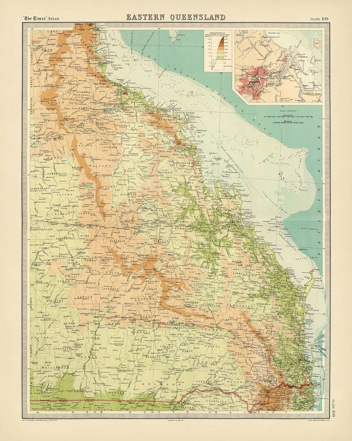 Old Map of Eastern Queensland by Bartholomew, 1922: Brisbane, Cairns, Relief, Shipping Routes