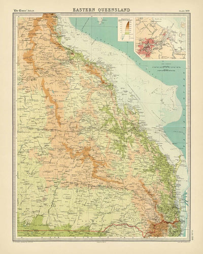 Ancienne carte de l'est du Queensland par Bartholomew, 1922 : Brisbane, Cairns, relief, routes de navigation, encart