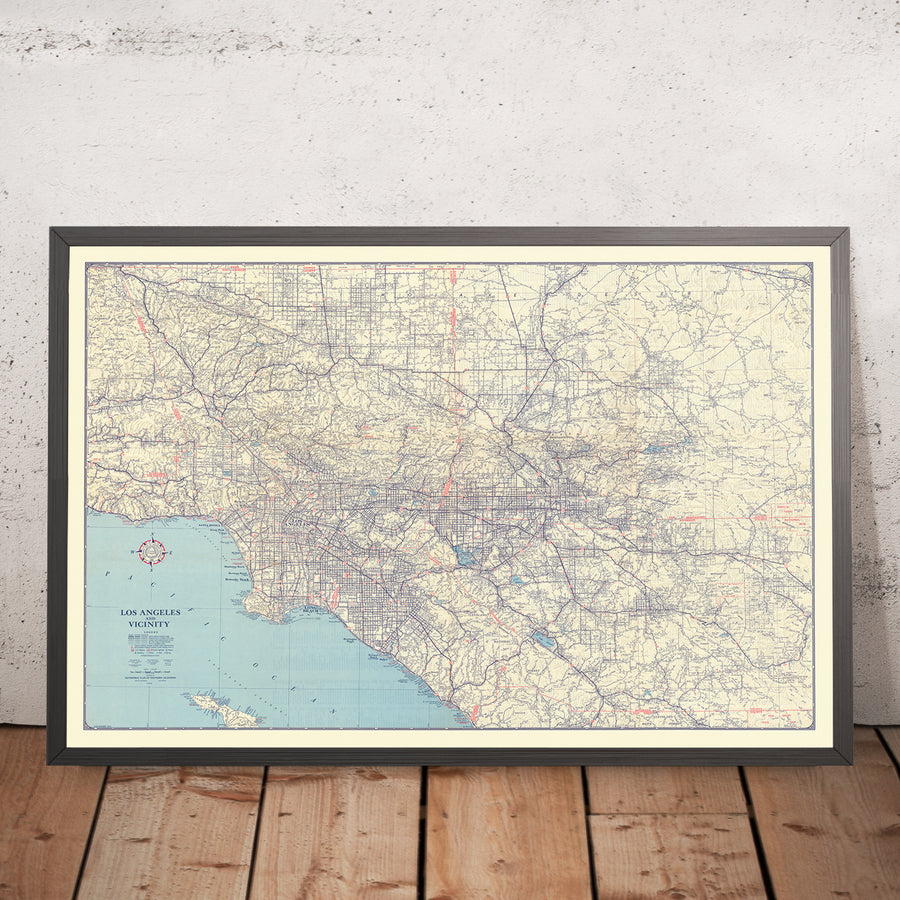 Grande mappa stradale di Los Angeles, 1945: Automobile Club della California del Sud, Hollywood, Beverly Hills, Route 66 