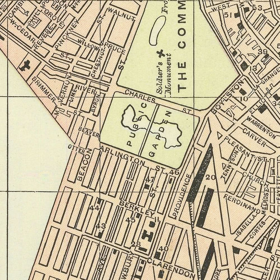 Mappa antica di Boston di Fisk & Co., 1893: The Common, Giardino Pubblico, The Fens, Fiume Charles, Franklin Park 