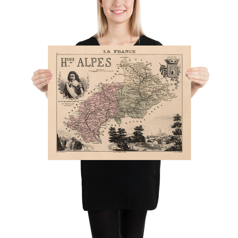 Old Map of Hautes-Alpes by Vuillemin, 1869: Gap, Briançon, Embrun, Alpine Peaks, Coats-of-Arms