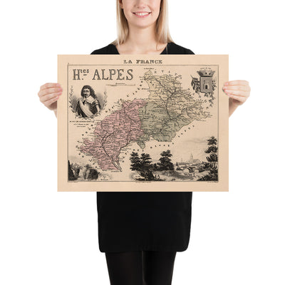Old Map of Hautes-Alpes by Vuillemin, 1869: Gap, Briançon, Embrun, Alpine Peaks, Coats-of-Arms