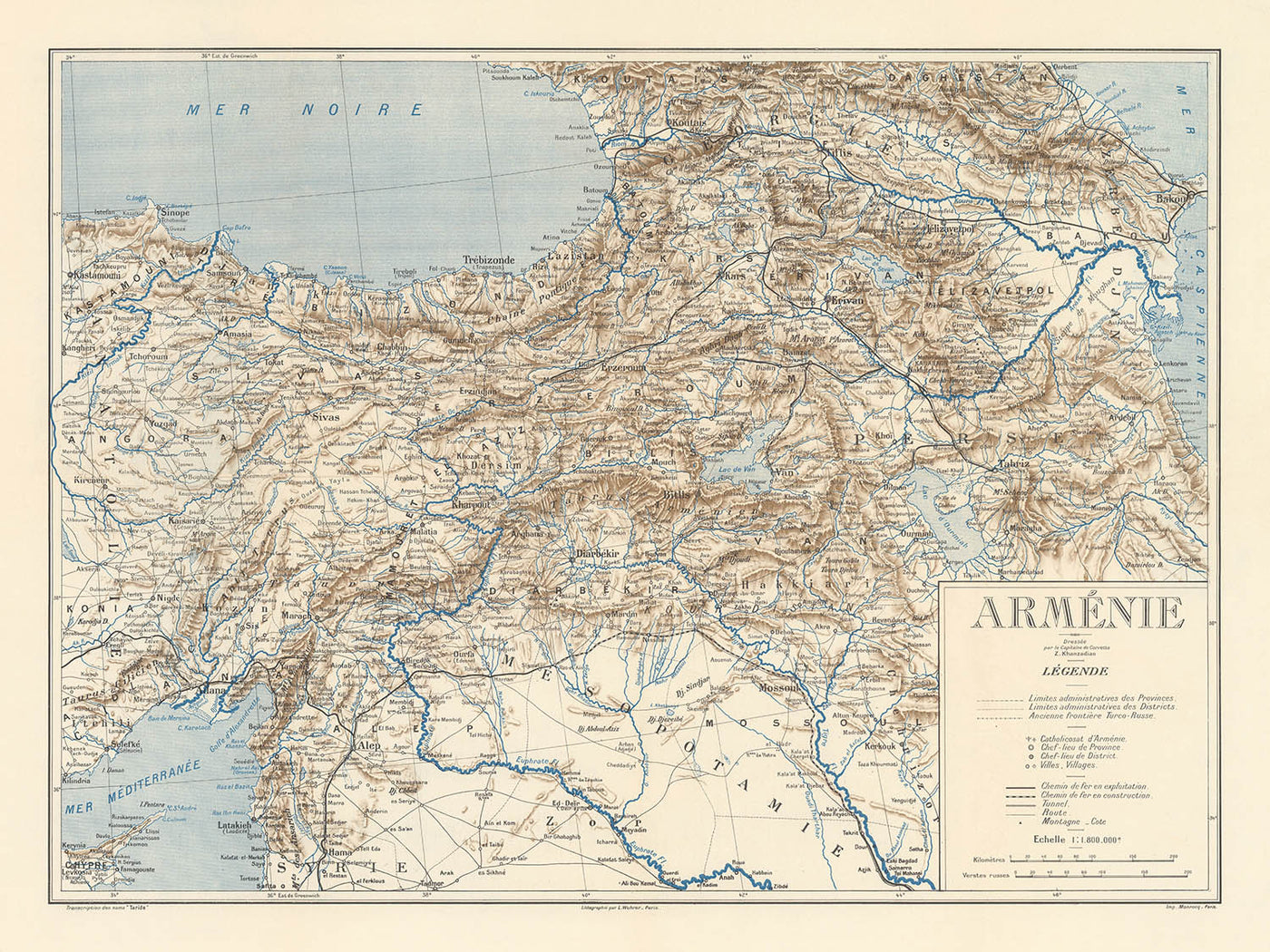 Old Map of Armenia by Khanzadian, 1919: Yerevan, Mount Ararat, Lake Van, Lake Sevan, Railways