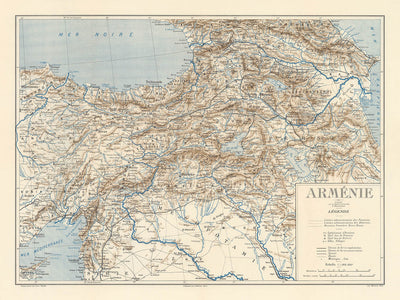 Old Map of Armenia by Khanzadian, 1919: Yerevan, Mount Ararat, Lake Van, Lake Sevan, Railways