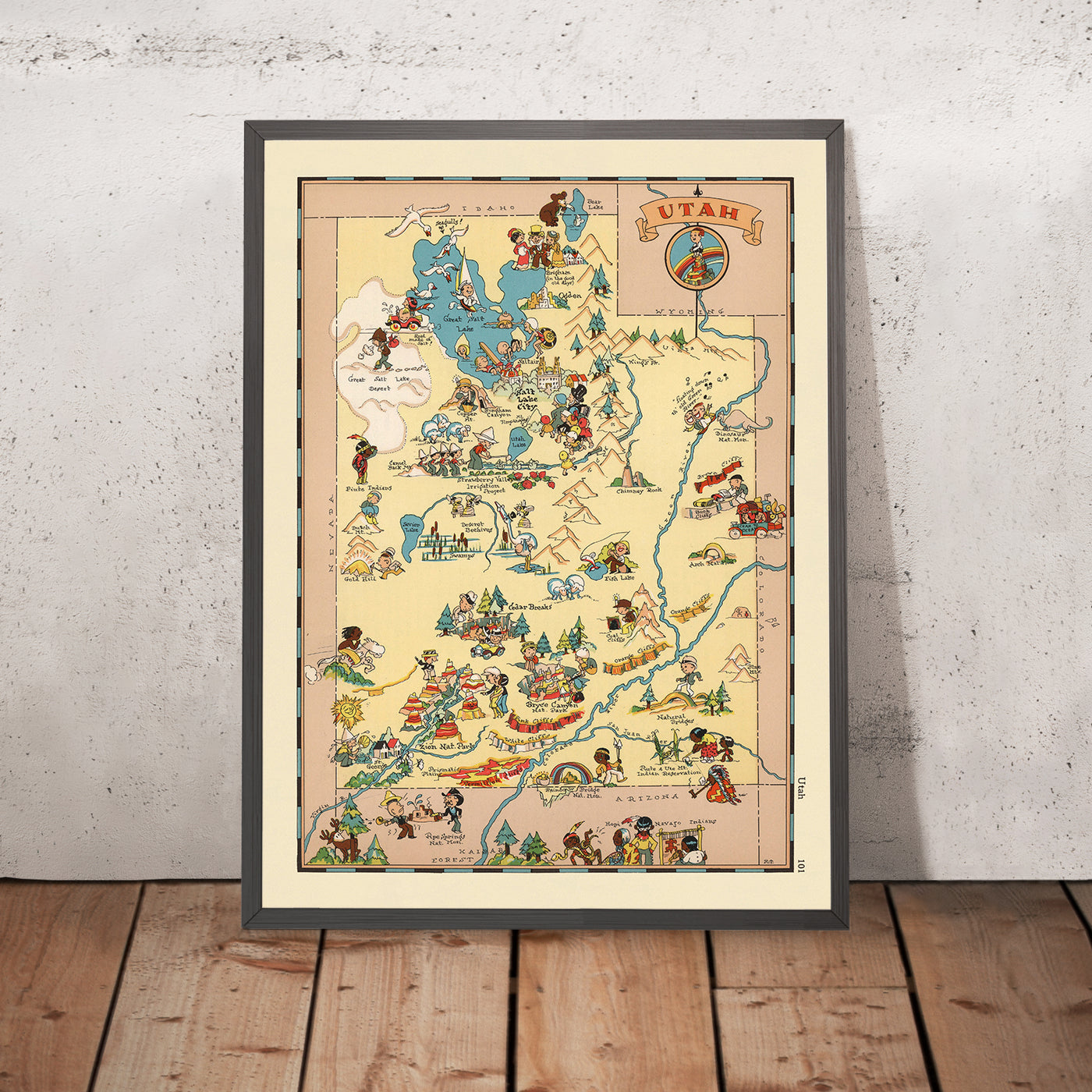 Pictorial Map of Utah by Ruth Taylor White, 1935: Salt Lake City, Zion, Arches, Great Salt Lake, Wasatch Mountains