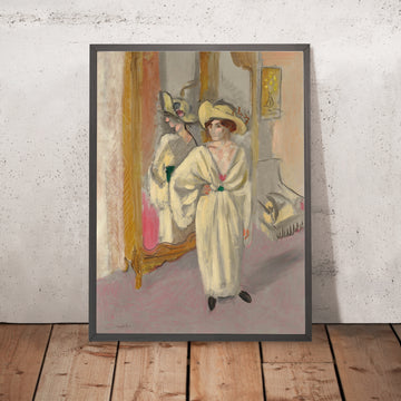Une image encadrée de Femme en blanc debout devant une glace (Woman in white standing in front of a mirror) de Henri Matisse, 1918