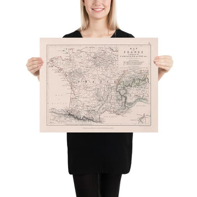 Antiguo mapa militar de las campañas revolucionarias francesas de Johnston, 1793: París, Lyon, Marsella, batallas, rutas