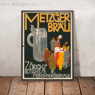 A framed image of Metzger Bräu Vintage Beer Poster by József Divéky, 1912