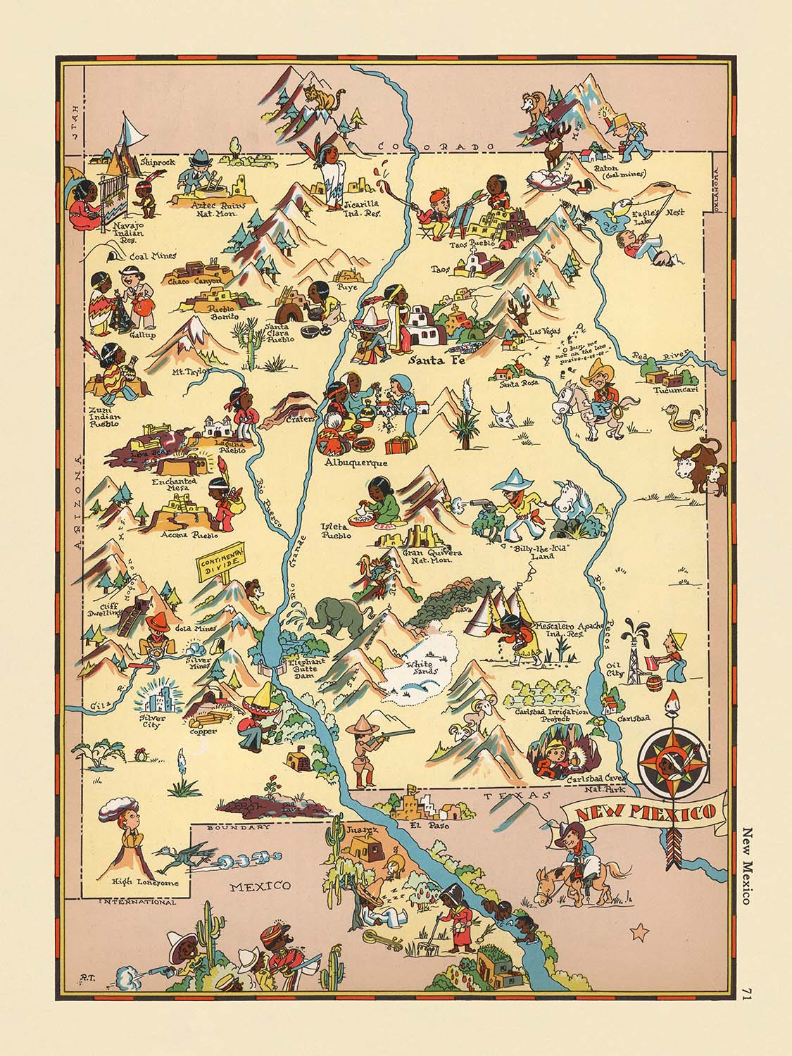 Pictorial Map of New Mexico by Ruth Taylor White, 1935: Albuquerque, Santa Fe, Rio Grande, Carlsbad Caverns, Gila National Forest