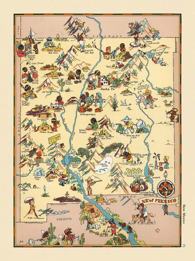 Pictorial Map of New Mexico by Ruth Taylor White, 1935: Albuquerque, Santa Fe, Rio Grande, Carlsbad Caverns, Gila National Forest