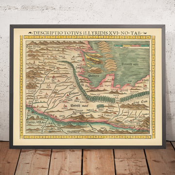 Antica mappa rara di Croazia e Slovenia di Münster, 1552: fiume Drava, costa adriatica, Zara, confini ottomani, montagne 