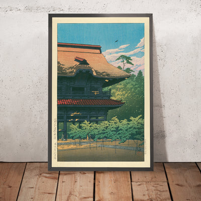 A framed image of Temple and Trees by Hasui Kawase, 1935