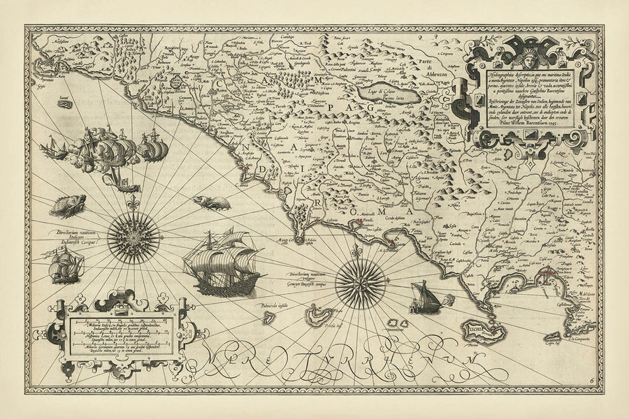 Prima mappa della costa mediterranea italiana di Barentsz, 1595: Napoli, Roma, Capri, Sorrento, Gaeta, Ischia 