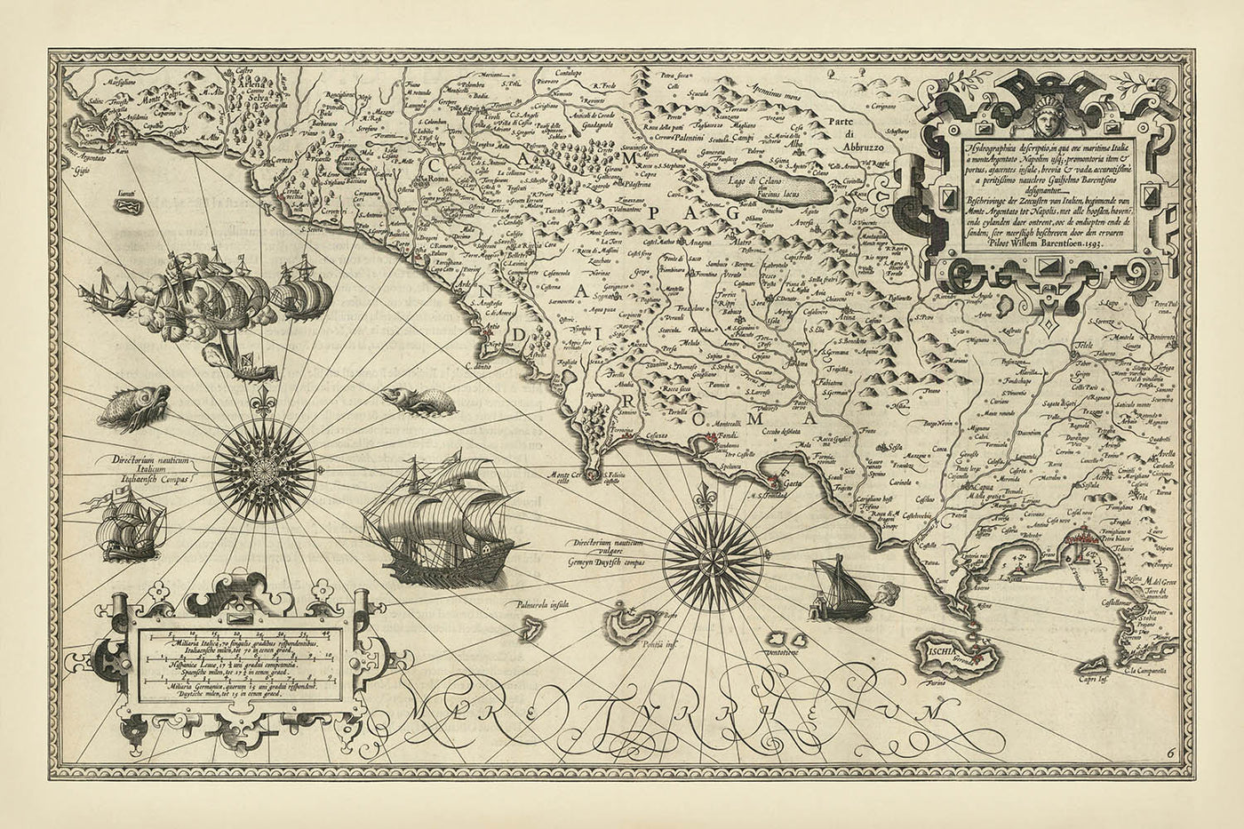 First Map of the Italian Mediterranean Coat by Barentsz, 1595: Naples, Rome, Capri, Sorrento, Gaeta, Ischia