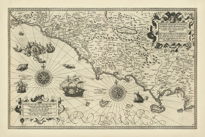 First Map of the Italian Mediterranean Coat by Barentsz, 1595: Naples, Rome, Capri, Sorrento, Gaeta, Ischia