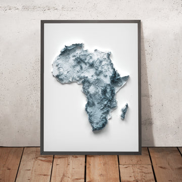 A framed image of a 3D style topographic relief map ofAfrica