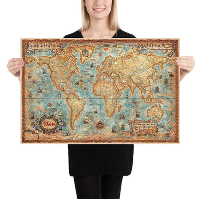 Antique Modern World Map by Ray&Co, 2025: Ship Flags, Knots