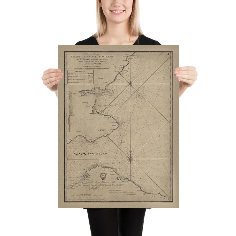 Antica mappa nautica di Edimburgo e della costa di Dundee di Downie, 1792: Firth di Edimburgo, fiume Tay, baia di St Andrew 
