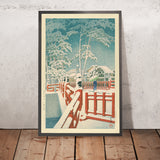 Snow at Yakumo Bridge at the Nagata Shrine Kobe by Hasui Kawase 1935
