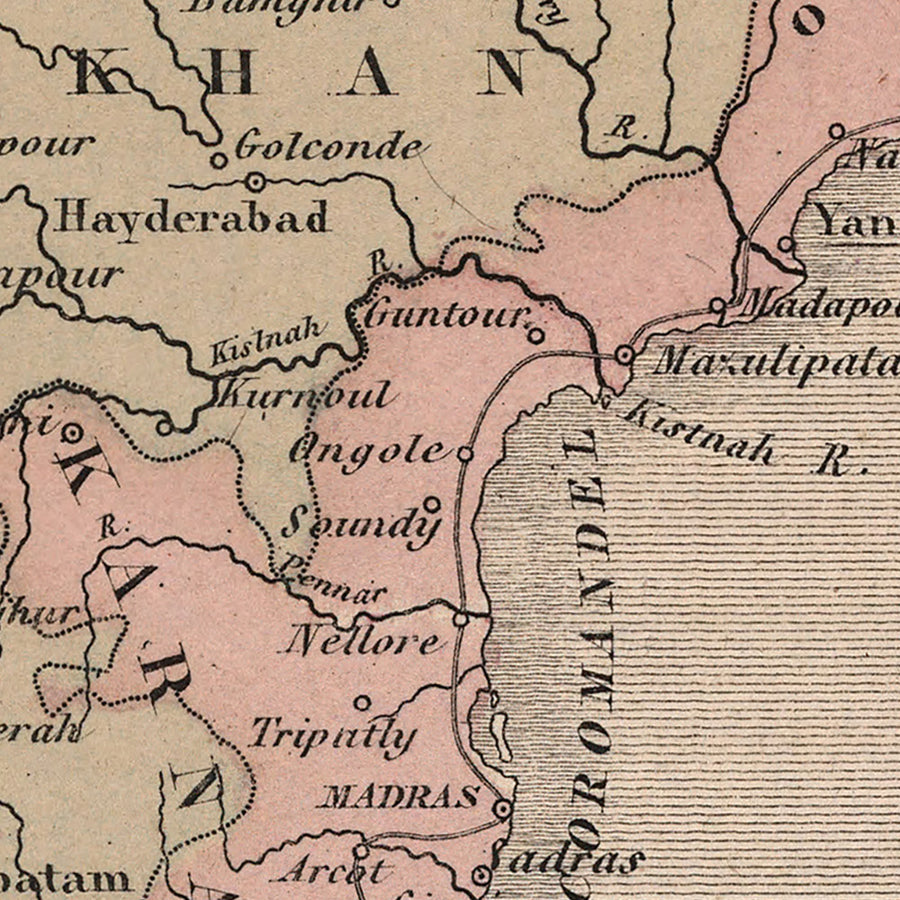 Antica mappa della "India francese" di Vuillemin, 1869: Enclavi francesi, Pondicherry, Chandannagar, Mahé, Mare di Bengala 