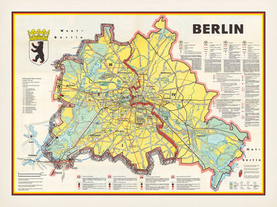 Mapa antiguo de Berlín, 1963: Muro de Berlín, Puerta de Brandenburgo, Tiergarten, Kreuzberg, Kurfürstendamm