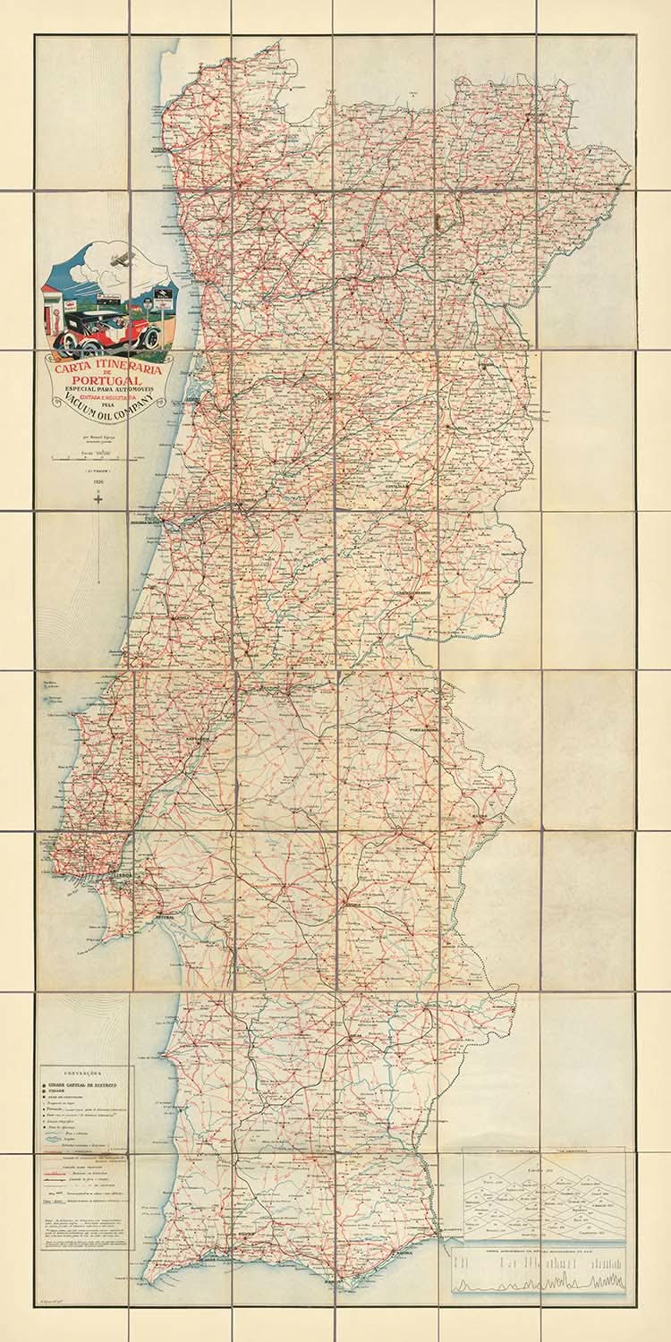 Ancienne carte rare du Portugal, 1926 : Lisbonne, Porto, côte atlantique, frontières, thème automobile