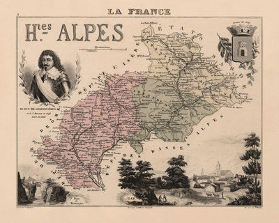 Old Map of Hautes-Alpes by Vuillemin, 1869: Gap, Briançon, Embrun, Alpine Peaks, Coats-of-Arms