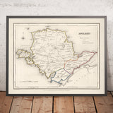 Mapa antiguo de Anglesey, Gales, de Lewis, 1844: Holyhead, Llangefni, Amlwch, Menai Bridge, Beaumaris 