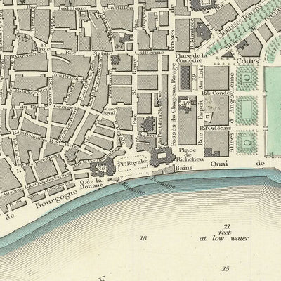 Mapa antiguo de Burdeos, 1870: Chartrons, Bastide, Quai des Chartrons, Église St. Michel, Jardin Public