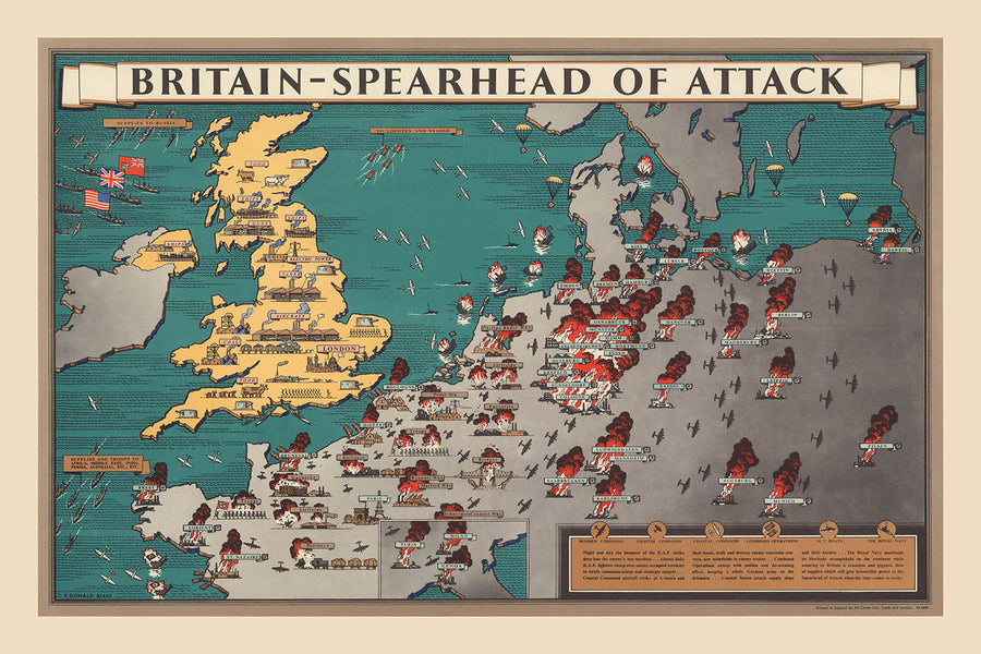 Old Pictorial Military Map of Britain in World War II by Blake, 1944: English Channel, Allied Offensives