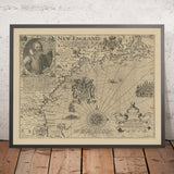Primer mapa de Nueva Inglaterra de John Smith, 1616: Boston, Plymouth, Cabo Ann, diseño barroco ornamentado 