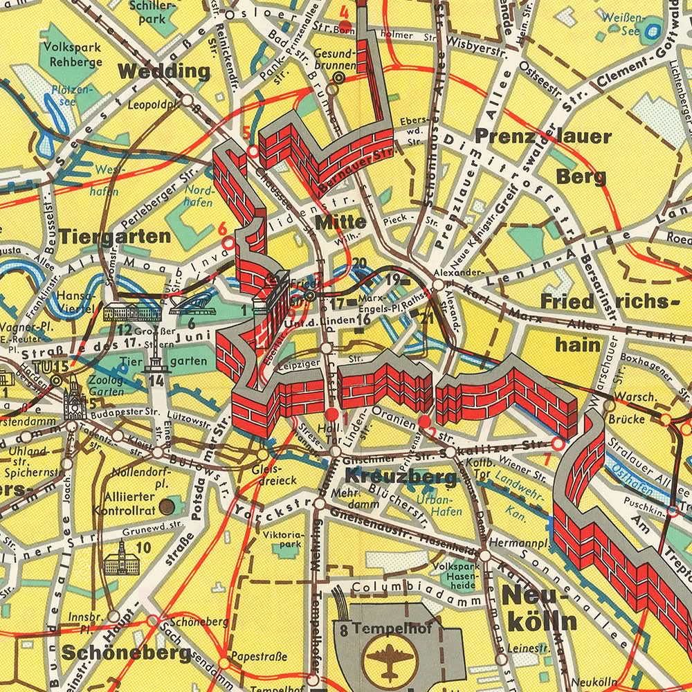 Old Map of Berlin, 1963: Berlin Wall Construction, Cold War, Brandenburg Gate