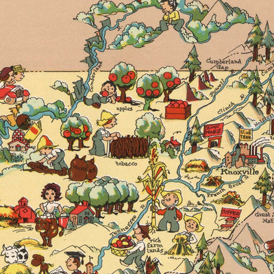 Pictorial Map of Tennessee by Ruth Taylor White, 1935: Memphis, Nashville, Smoky Mountains, Mississippi & Tennessee Rivers, Musical Heritage