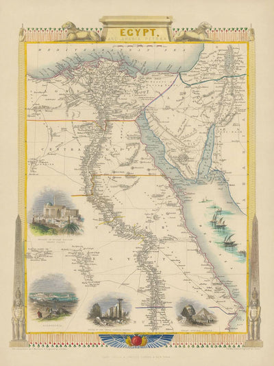 Ancienne carte de l'Égypte par Tallis, 1851 : Le Caire, Alexandrie, Karnac, le Sphinx, la mer Rouge