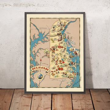 Mappa Pittorica del Delaware di Ruth Taylor White, 1935: Wilmington, Dover, Baia del Delaware, Spiagge, Primo Stato 
