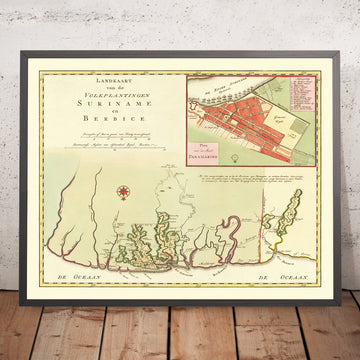 Seltene koloniale Karte von Suriname & Berbice von Tirion, 1760: Paramaribo-Detail, Plantagen, Flüsse, indigene Dörfer, koloniale Grenzen 