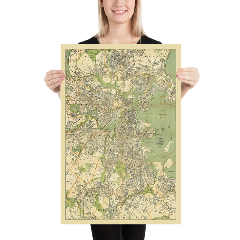 Large Old Street Map of Boston by Walker, 1905: Boston Common, Harvard, Charles River, Back Bay