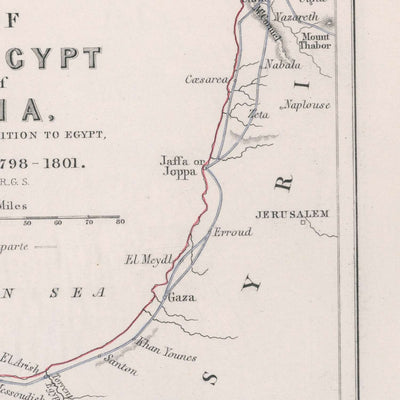 Ancienne carte militaire des batailles de Napoléon en Égypte et en Syrie, 1801 : Aboukir, les pyramides, le Caire, Suez, le Nil