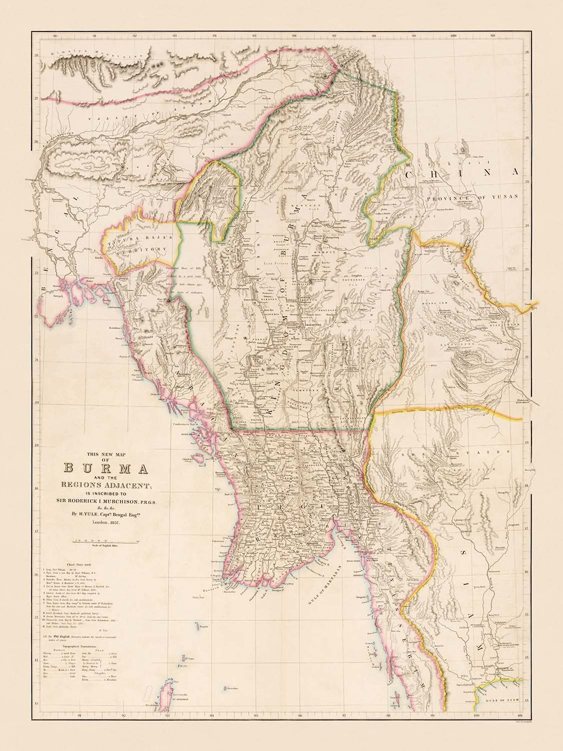 Ancienne carte du Myanmar par Arrowsmith, 1857 : Irrawaddy, Salween, Yangon, Mandalay, montagnes d'Arakan