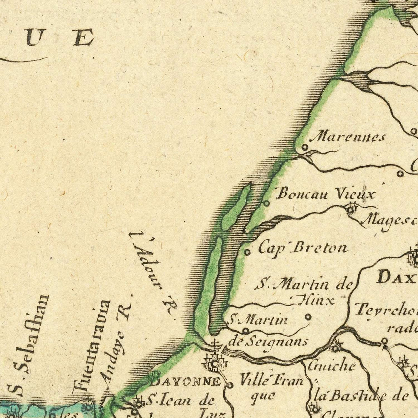 Mapa antiguo del norte de España de Sanson, 1652: Burgos, Valladolid, río Duero, golfo de Vizcaya, fronteras