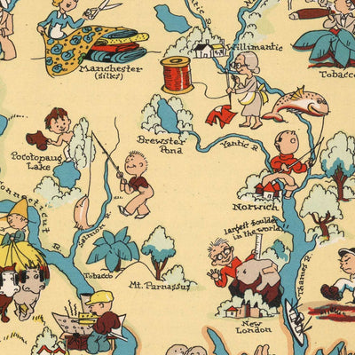Pictorial Map of Connecticut by Ruth Taylor White, 1935: Bridgeport, New Haven, Yale, Long Island Sound, Connecticut River