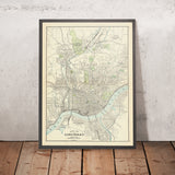 Antiguo mapa de Cincinnati de Cram, 1911: río Ohio, ferrocarril Mill Creek, Vine St, Liberty St, Clifton Ave 