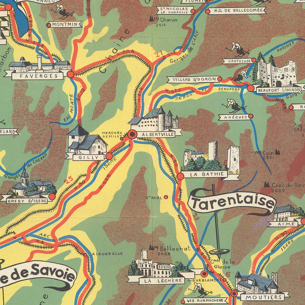 Old Map of Savoie by Flornoy, 1950: Mont Blanc, Lac du Bourget, Chambéry, Aix-les-Bains