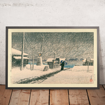 Ein gerahmtes Bild von „Snow Storm at Tsukishima“ von Hasui Kawase, 1935