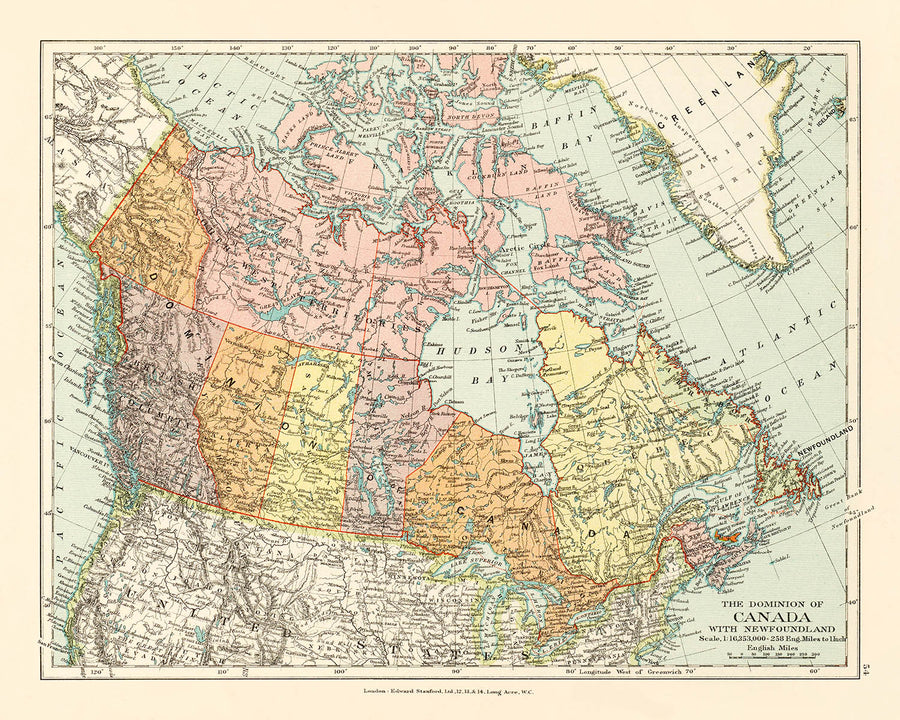 Mappa antica del Canada di Stanford, 1926: Toronto, Baia di Hudson, Ferrovie 