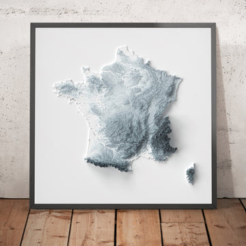 Une image encadrée d’une carte topographique en relief de style 3D de la France