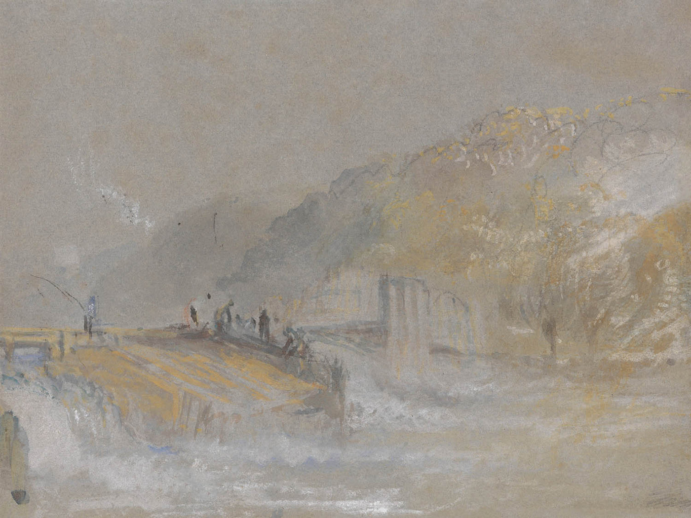 Foul by God: River Landscape with Anglers Fishing From a Weir by Turner, 1830