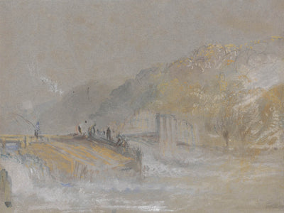 Foul by God: River Landscape with Anglers Fishing From a Weir by Turner, 1830