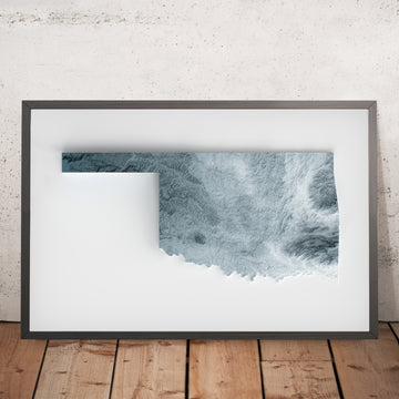 A framed image of a 3D style topographic relief map ofOklahoma