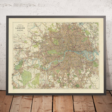 Old Edwardian Street Map of London by Bacon, 1910: Thames, Westminster, Hyde Park, Regent&